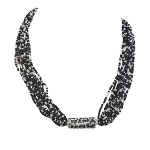 Vtg Speckled Black White Encased Multi Strand Beaded Collar Magnetic Necklace